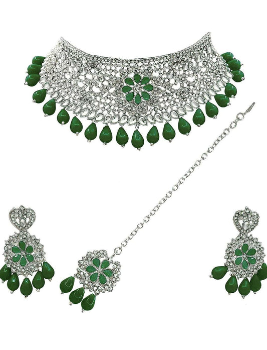 Traditional Design Trendy Austrian Diamond With Kundan Stone work Choker Necklace Earring with maangtikka jewellery set for Women
