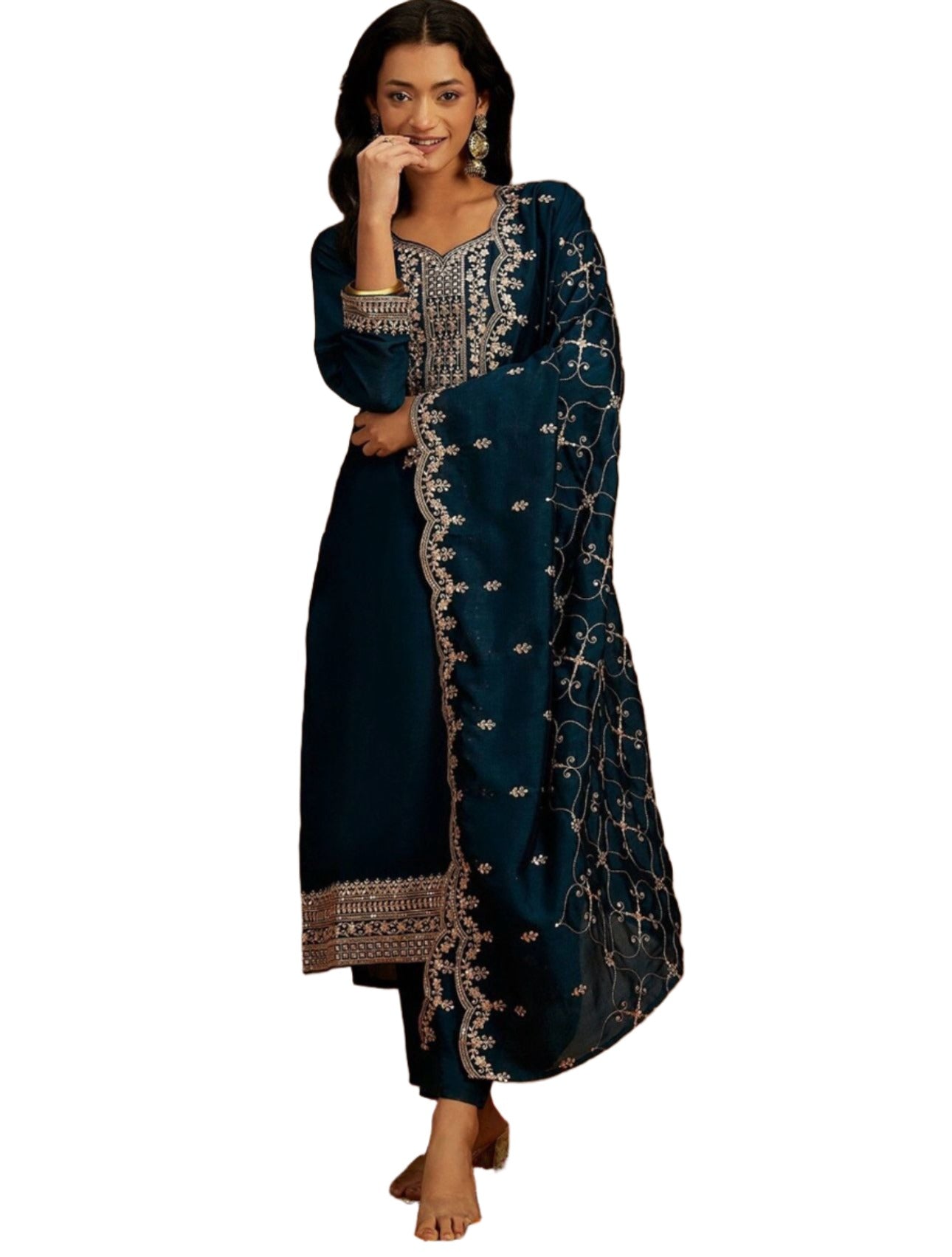 Yoke Design Sequinned Straight Kurta with Trousers & With Dupatta