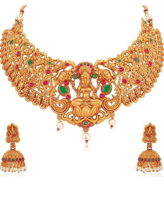 Gold Plated Temple Jewellery Goddess Laxmi Choker Necklace Set for Women