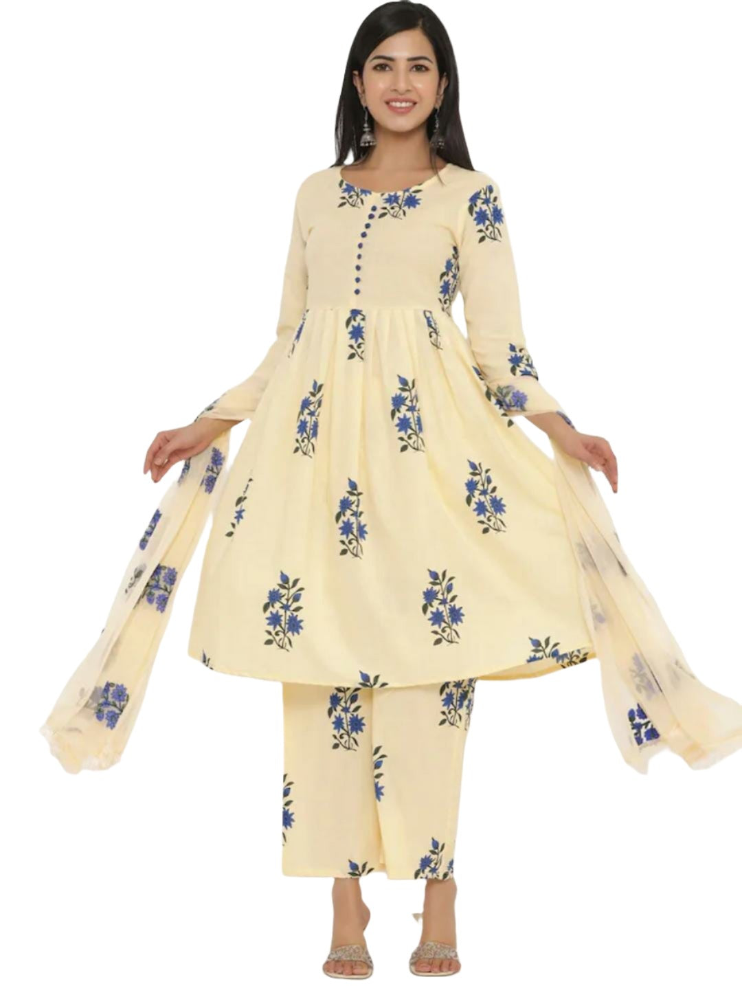 Women Beige Floral Printed Pure Cotton Kurti with Trousers & With Dupatta