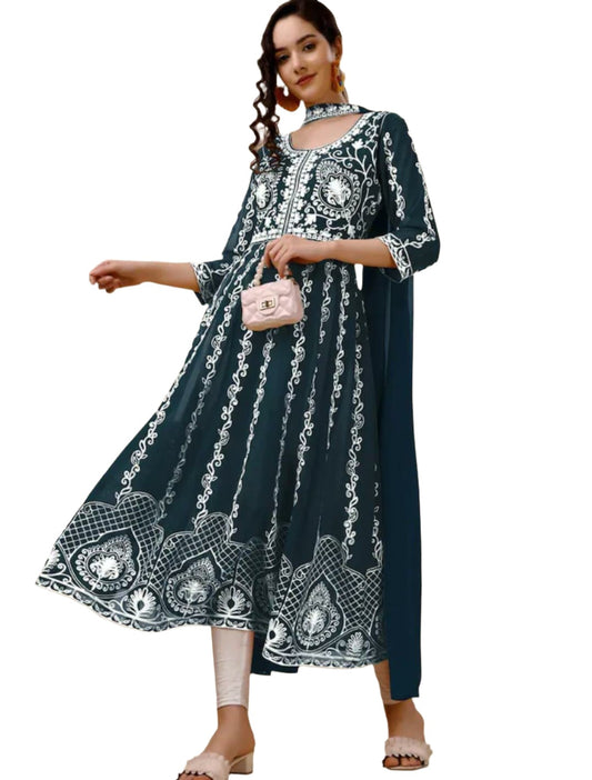 Teal & White Ethnic Motifs Embroidered Chikankari Kurta & Dupatta