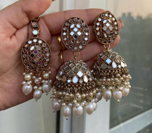 Mang Tikka With Jhumki Designer Mirror Cut
