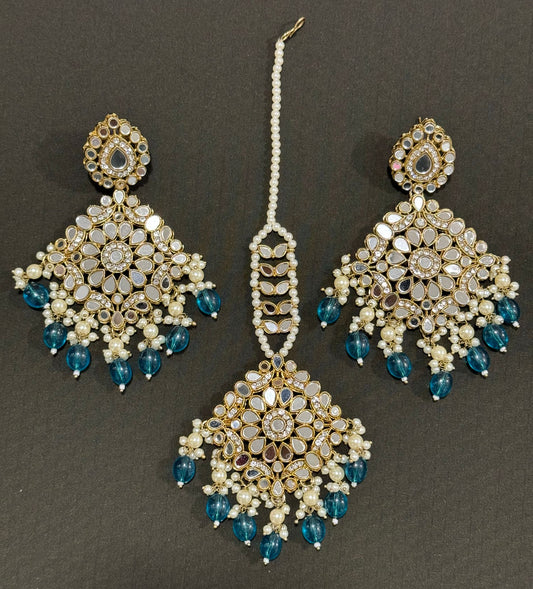 Mirror Kundan Earrings With Maang Tikka