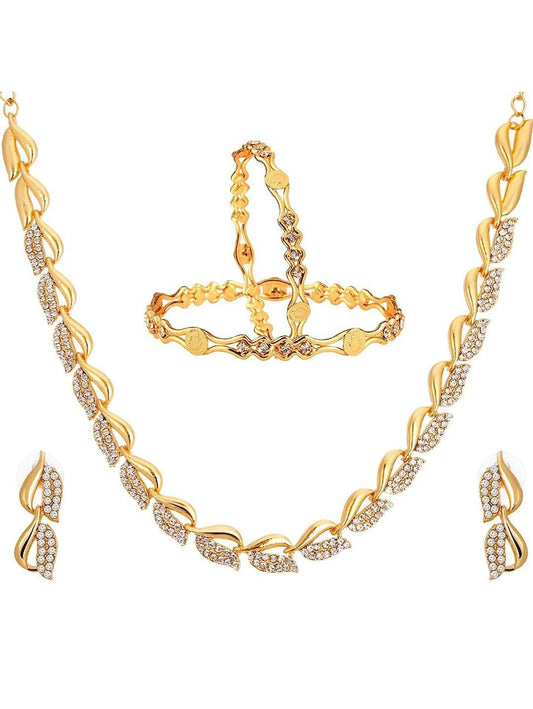 Non-precious Metal Gold Plated and American Diamond Necklace Set & Bangles for Women & Girls