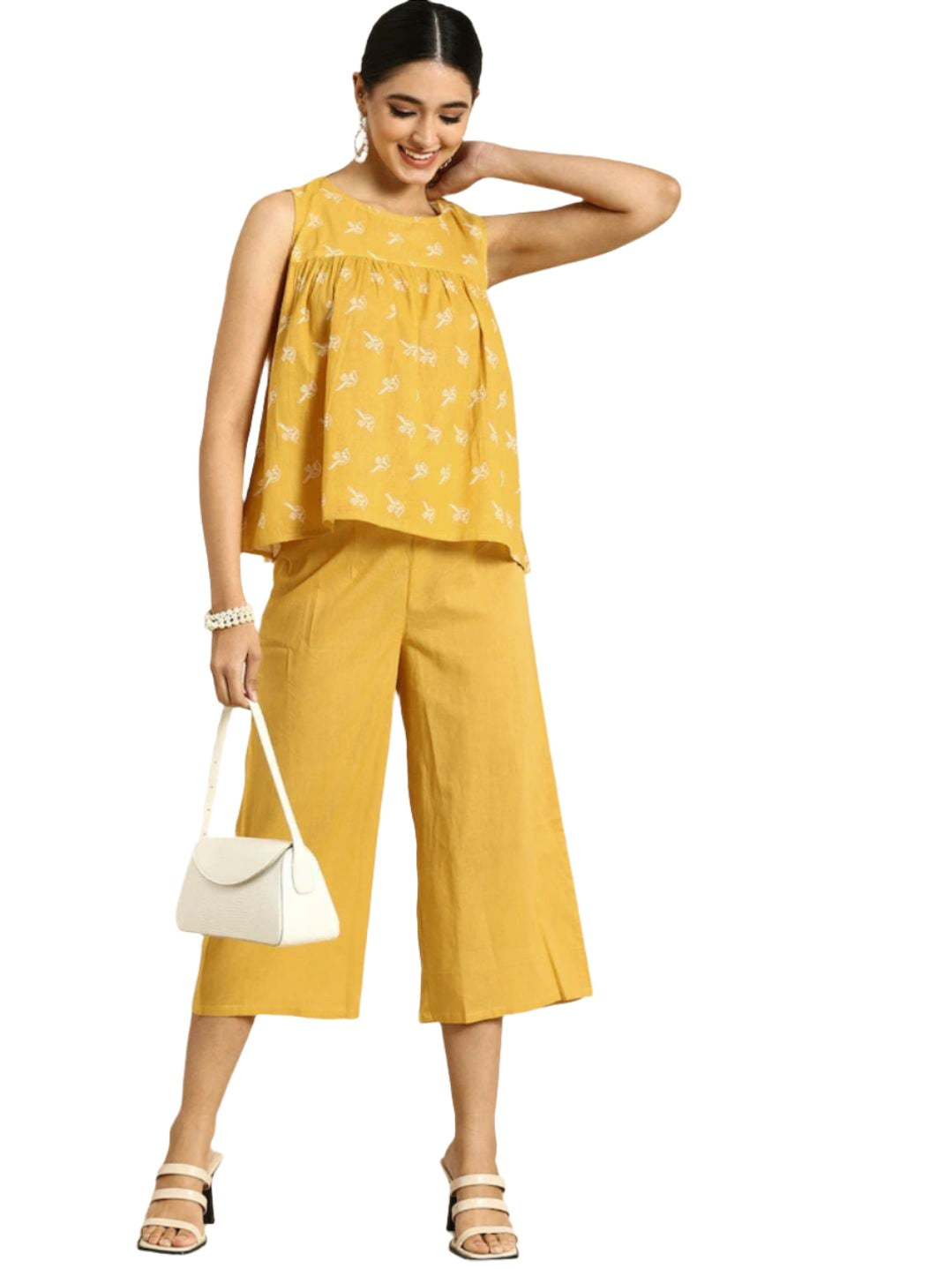 Women Yellow Ethnic Motifs Printed Pleated Pure Cotton Top with Palazzos