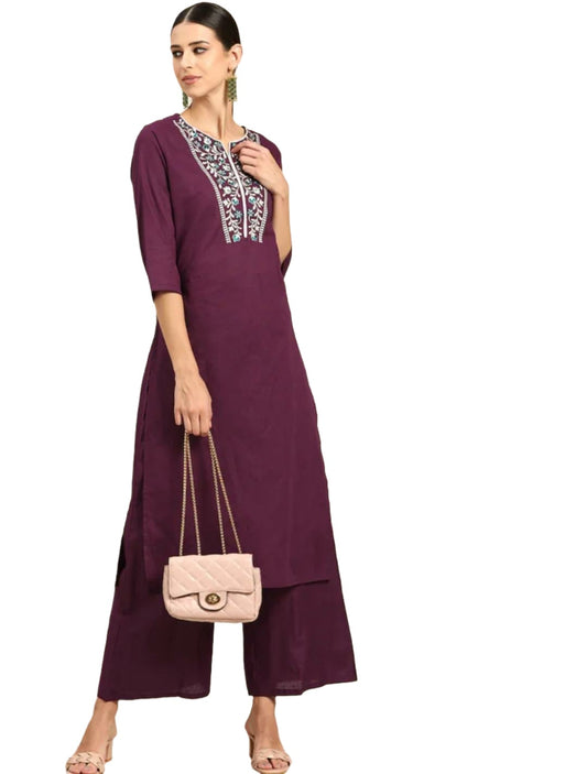 Women Purple Ethnic Motifs Yoke Design Regular Thread Work Pure Cotton Kurta with Palazzos