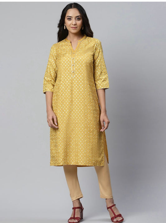 Women Yellow Ethnic Motifs Printed Floral Handloom Kurta