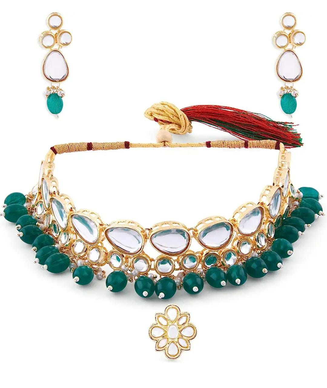Green Beads Kundan Choker Necklace Earring & Ring Set For Women