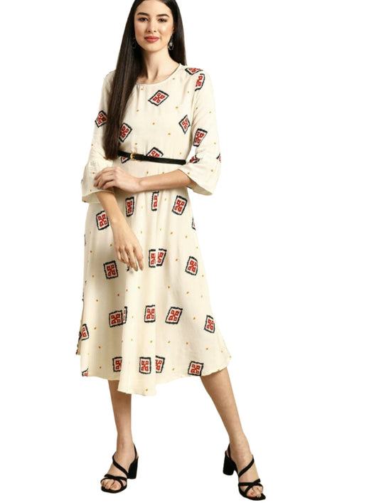 Off White & Red Printed A-Line Midi Dress with Belt
