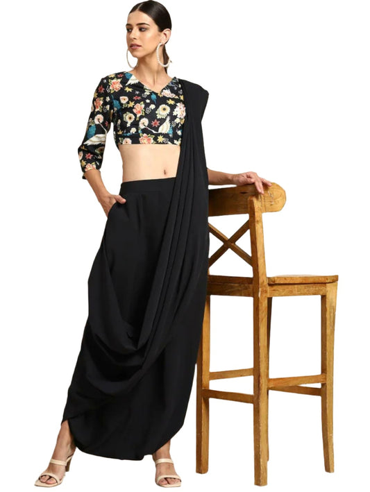 Schwarzes reguläres Oberteil mit Blumenmuster für Damen und Haremshose mit befestigter Dupatta