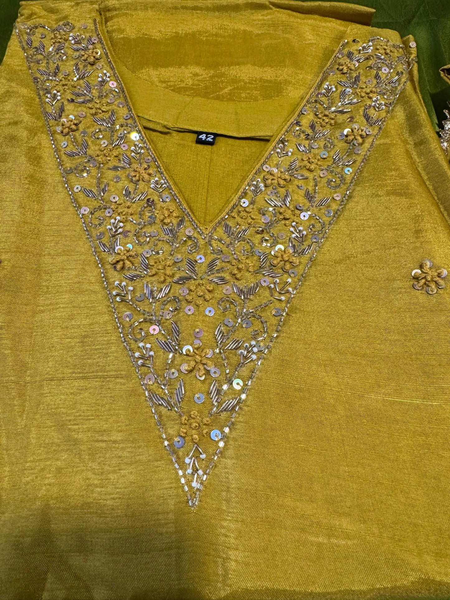Mustard yellow Dola silk Handwork kurti dupatta bottom set