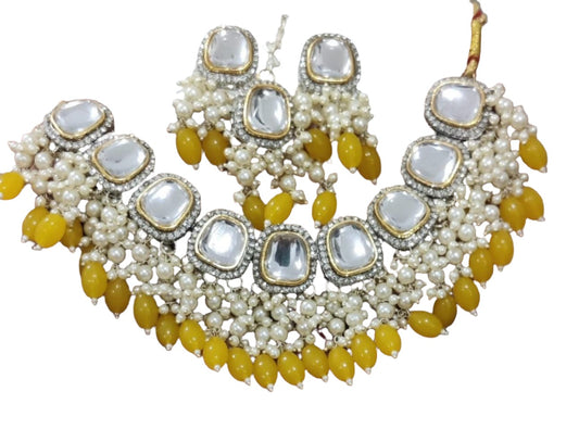 Gold Plated Polki Revers ad Necklace Set Earrings & Maang Tikka Jewellery Set