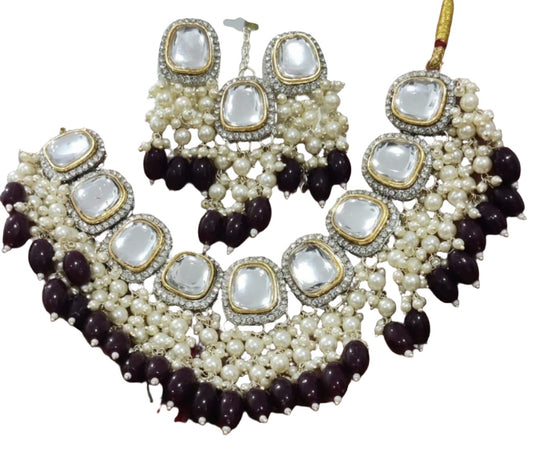 Gold Plated Polki Revers ad Necklace Set Earrings & Maang Tikka Jewellery Set