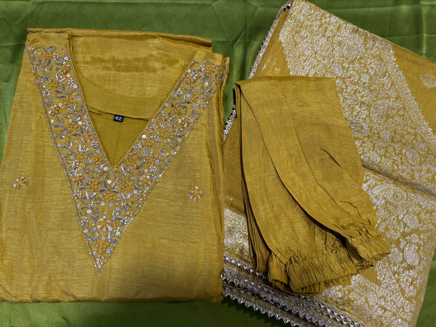 Mustard yellow Dola silk Handwork kurti dupatta bottom set