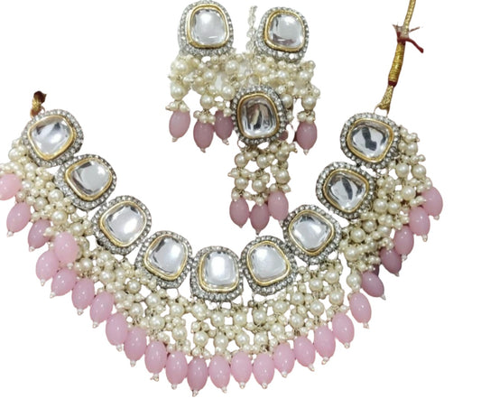 Gold Plated Polki Revers ad Necklace Set Earrings & Maang Tikka Jewellery Set