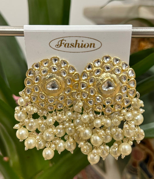 Gold-Plated Kundan and Pearl Classic Chandbalis Earrings