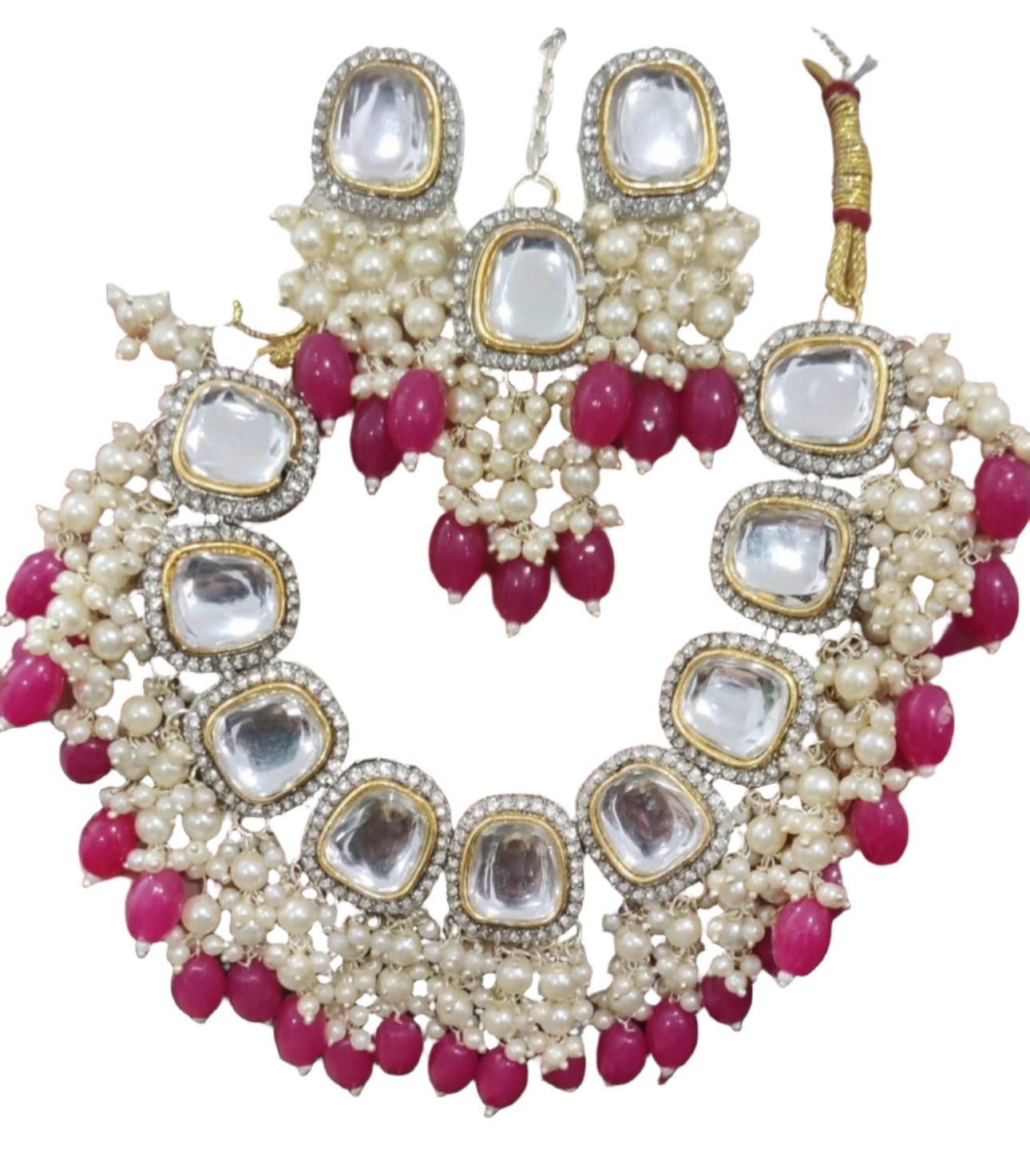 Gold Plated Polki Revers ad Necklace Set Earrings & Maang Tikka Jewellery Set