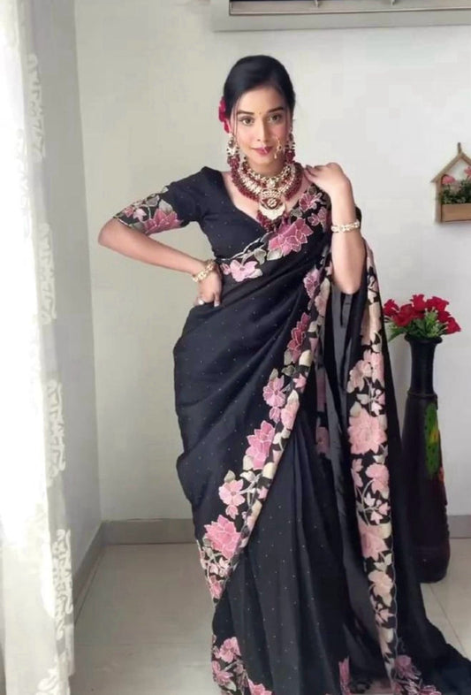 Ready To Wear Saree(Designer Faux Georgette Thread N Pearl Work Saree)