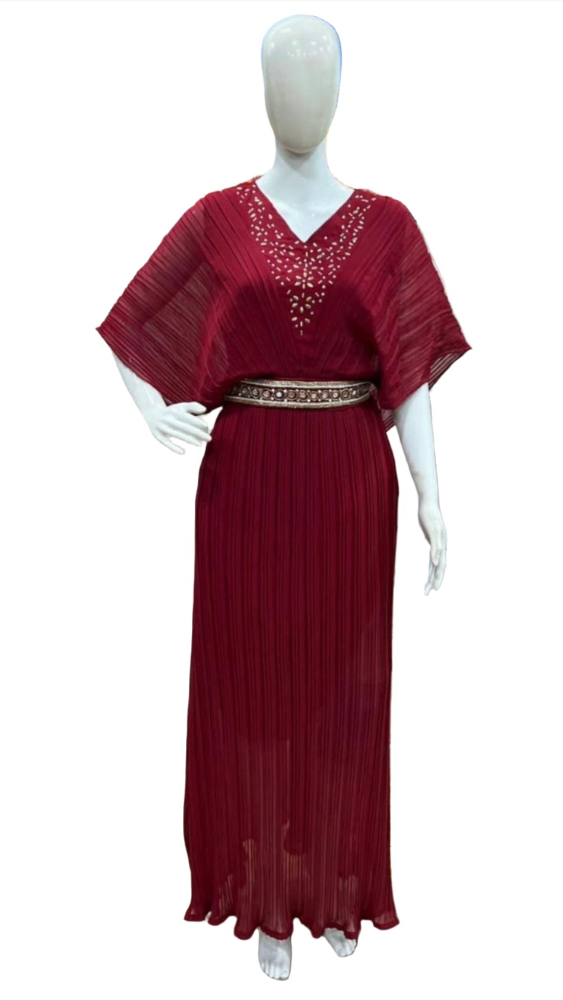 GOWN DESIGNER ONE PIECE WITH BELT DESIGNER CRUSH FABRIC HANDWORK ON NECK GOWN COLLECTION DESIGNER PARTYWEAR GOWN COLLECTION