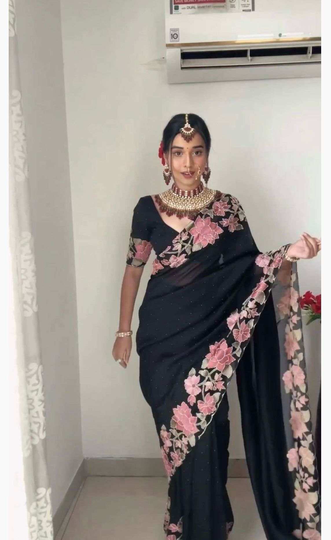 Ready To Wear Saree(Designer Faux Georgette Thread N Pearl Work Saree)