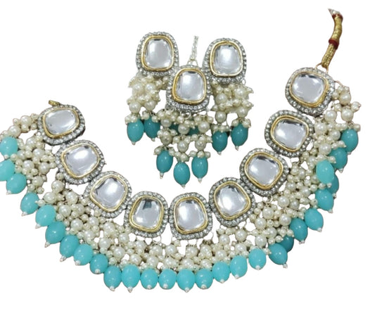 Gold Plated Polki Revers ad Necklace Set Earrings & Maang Tikka Jewellery Set