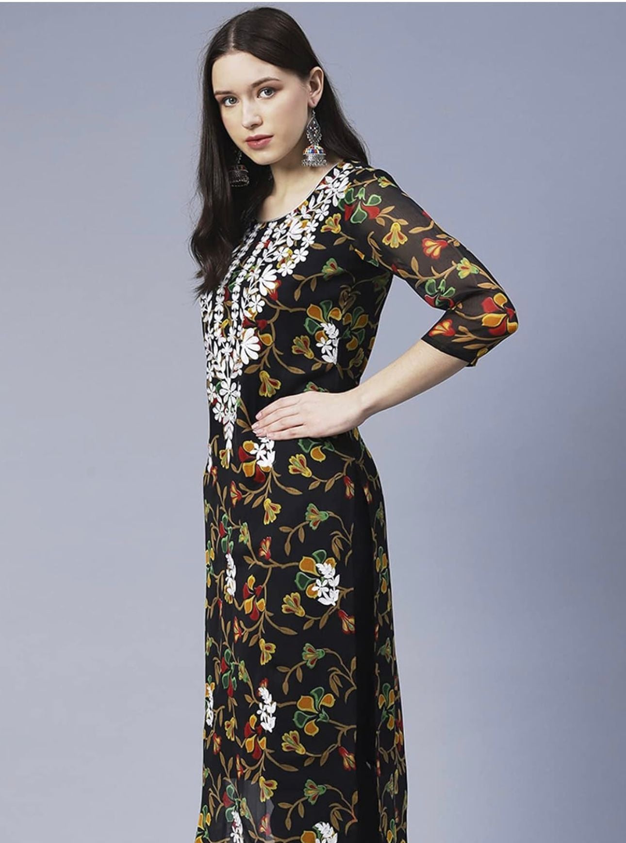 Floral Printed Georgette Chikankari Embroidery Kurti