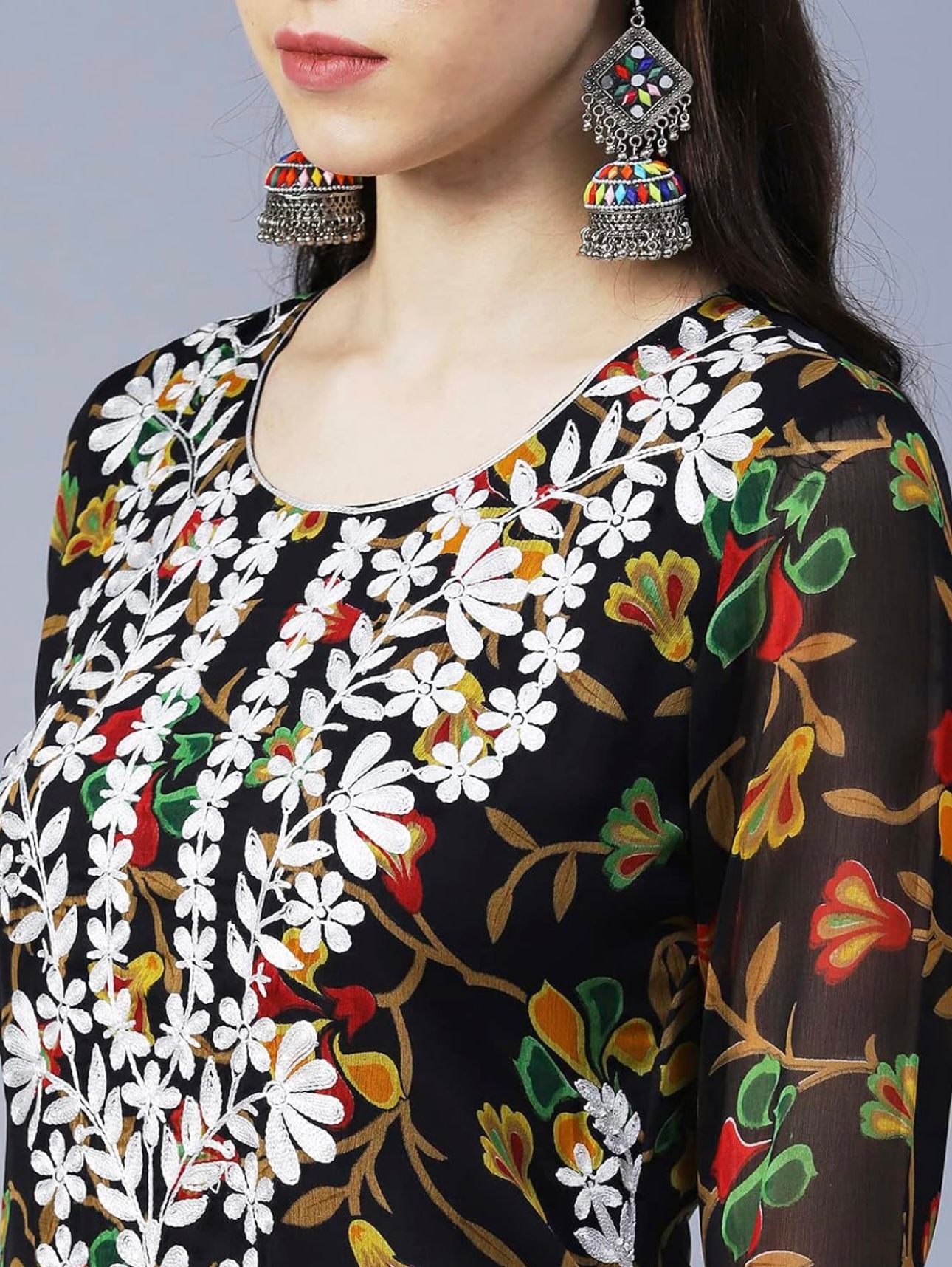 Floral Printed Georgette Chikankari Embroidery Kurti