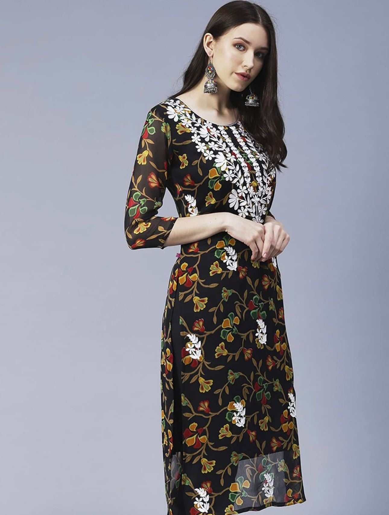 Floral Printed Georgette Chikankari Embroidery Kurti