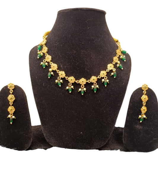 Green Gold-Plated Stone-Studded Necklace & Earrings