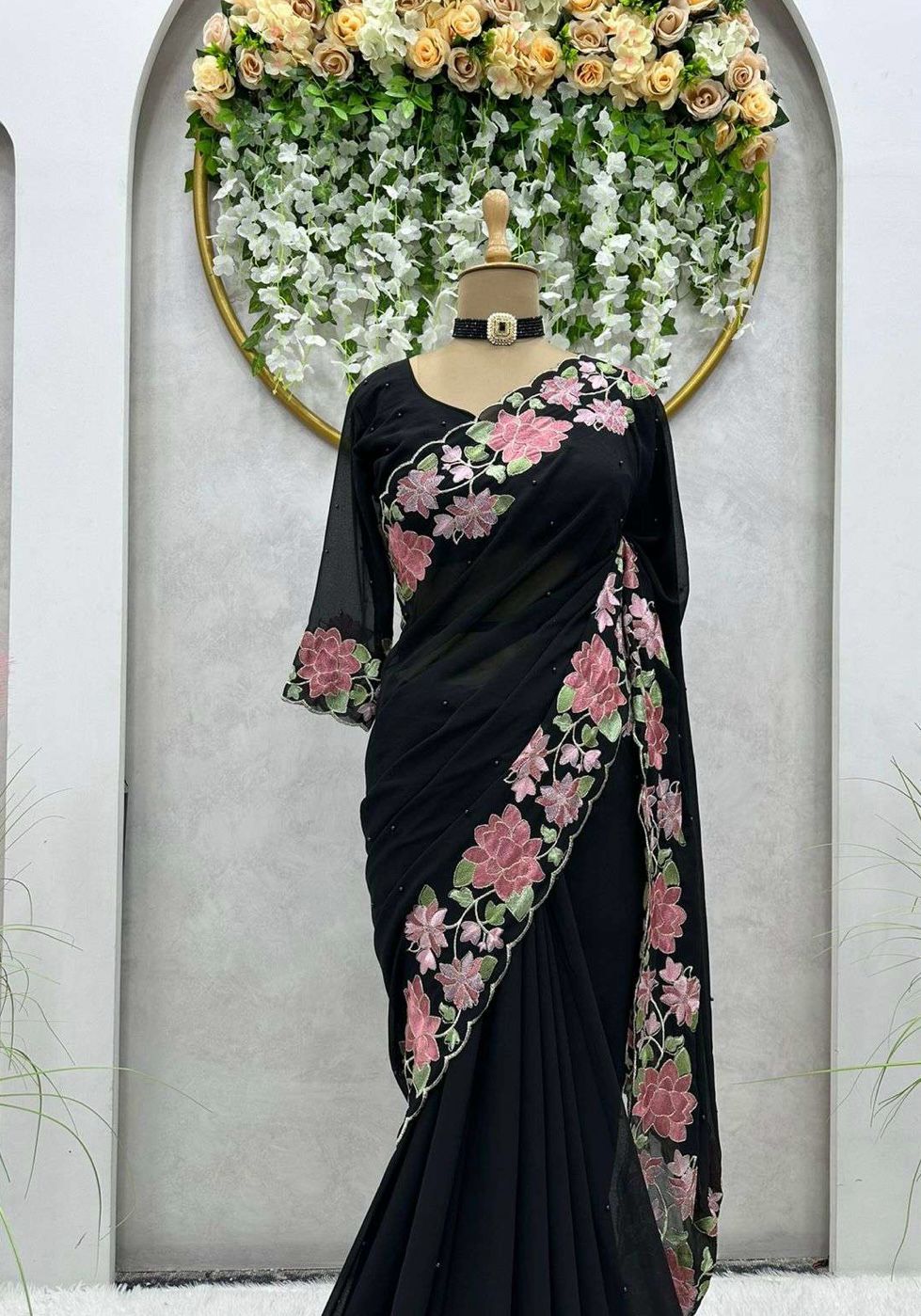 Ready To Wear Saree(Designer Faux Georgette Thread N Pearl Work Saree)