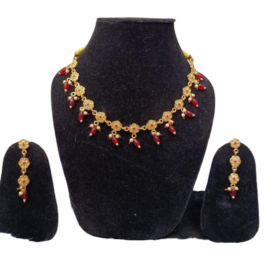 Red Gold-Plated Stone-Studded Necklace & Earrings Set