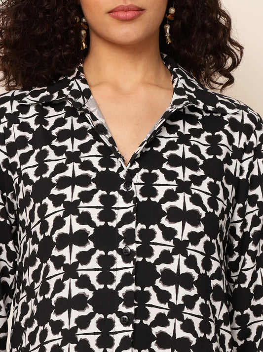 Black Geometric Printed Women Shirt Dress embroidery and fabric detail - Neha Couture Indian Fashion