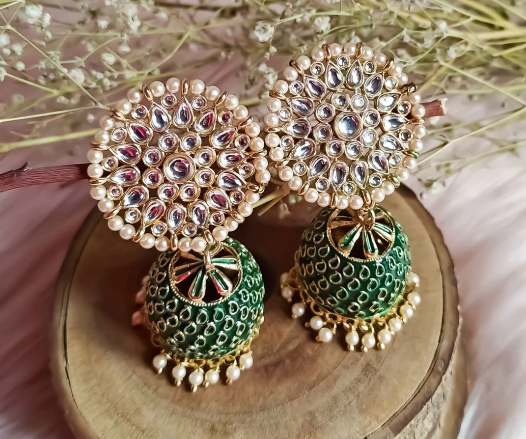 Kundan Meenakari Jhumka Earrings-Green