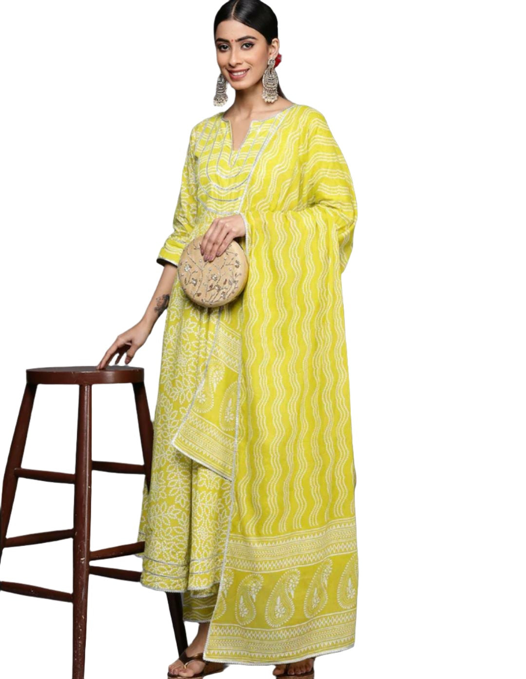 Bandhani Yoke Design Empire Gotta Patti Cotton Kurta with Trousers & Dupatta