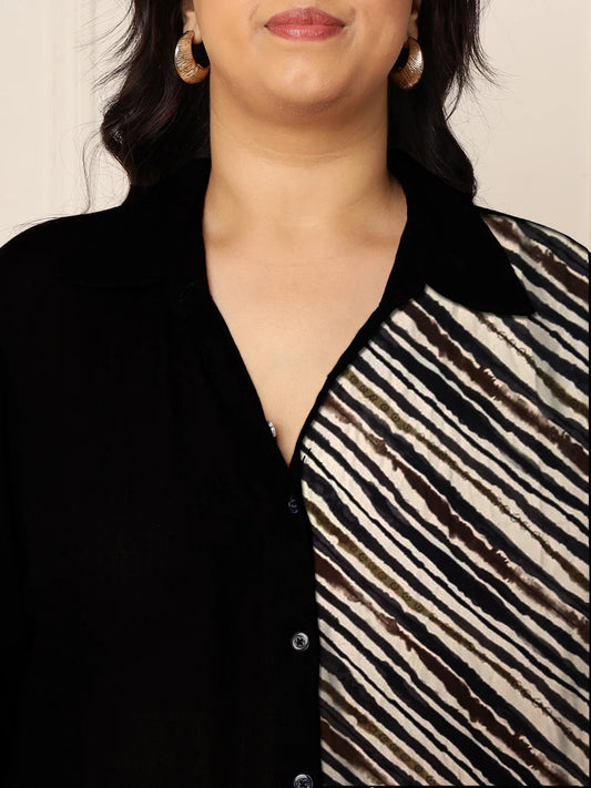 Women's Plus Size Black Diagonal Striped Shirt Dress embroidery and fabric detail - Neha Couture Indian Fashion