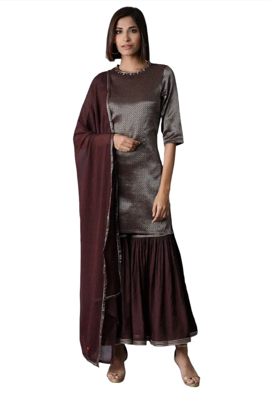 Dark Purple kurta-Sharara-Dupatta Set embroidery and fabric detail - Neha Couture Indian Fashion