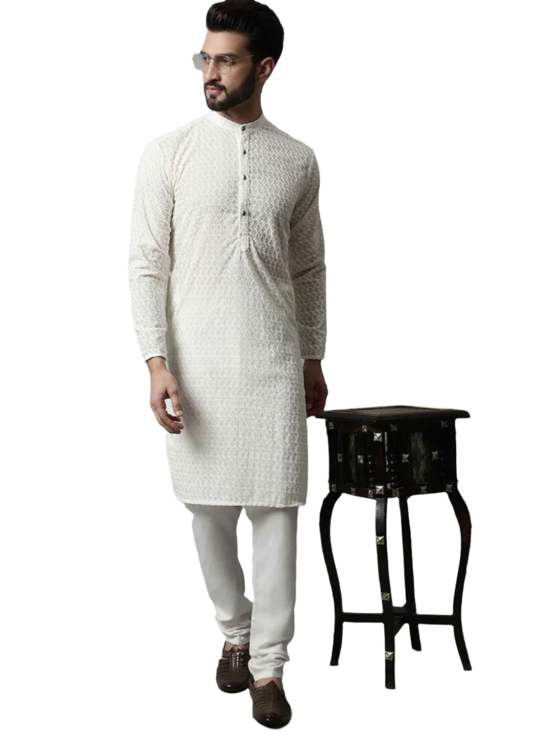 Chikankari Kurta with Churidar Ethnic Motifs Embroidered Pure Cotton