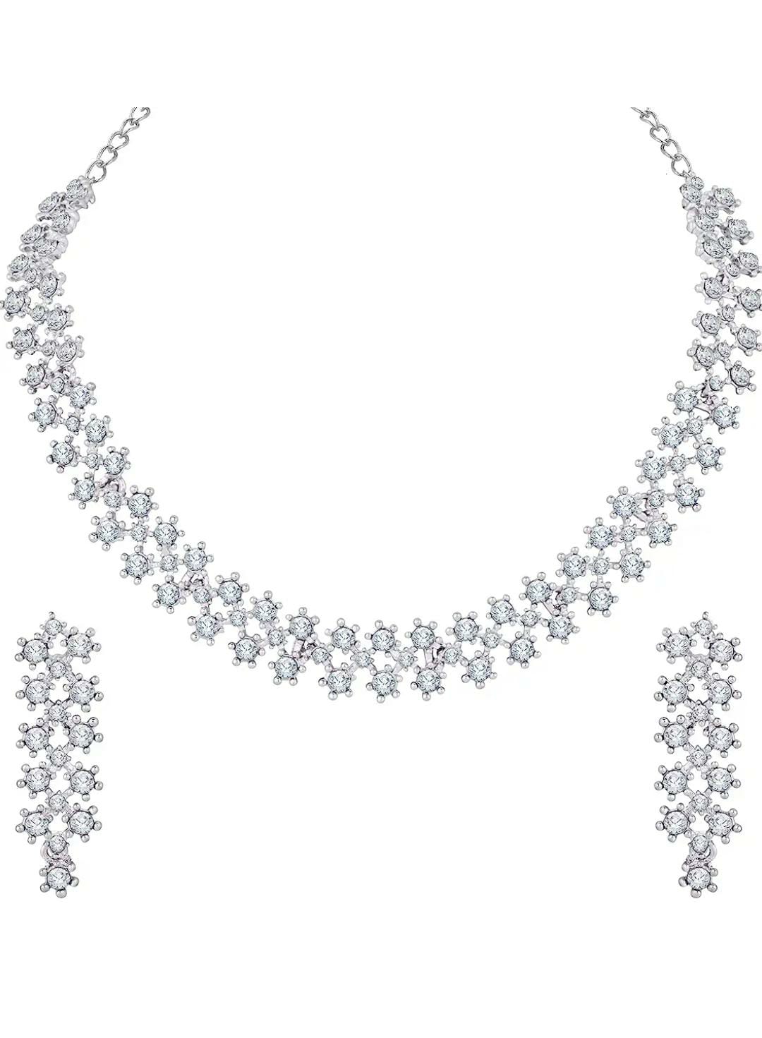 White Gold Crystal AD Diamond Necklace Jewellery Set with Earrings for Women and Girls Suits Best Party, Wedding and Occasional Wear