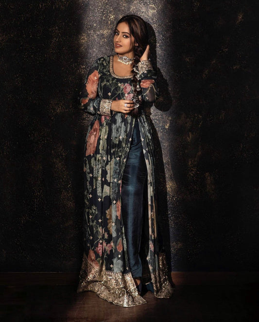 New Designer Party Wear Look Digital Print Top With Embroidery Sequence Work With Bottom and Dupatta embroidery and fabric detail - Neha Couture Indian Fashion