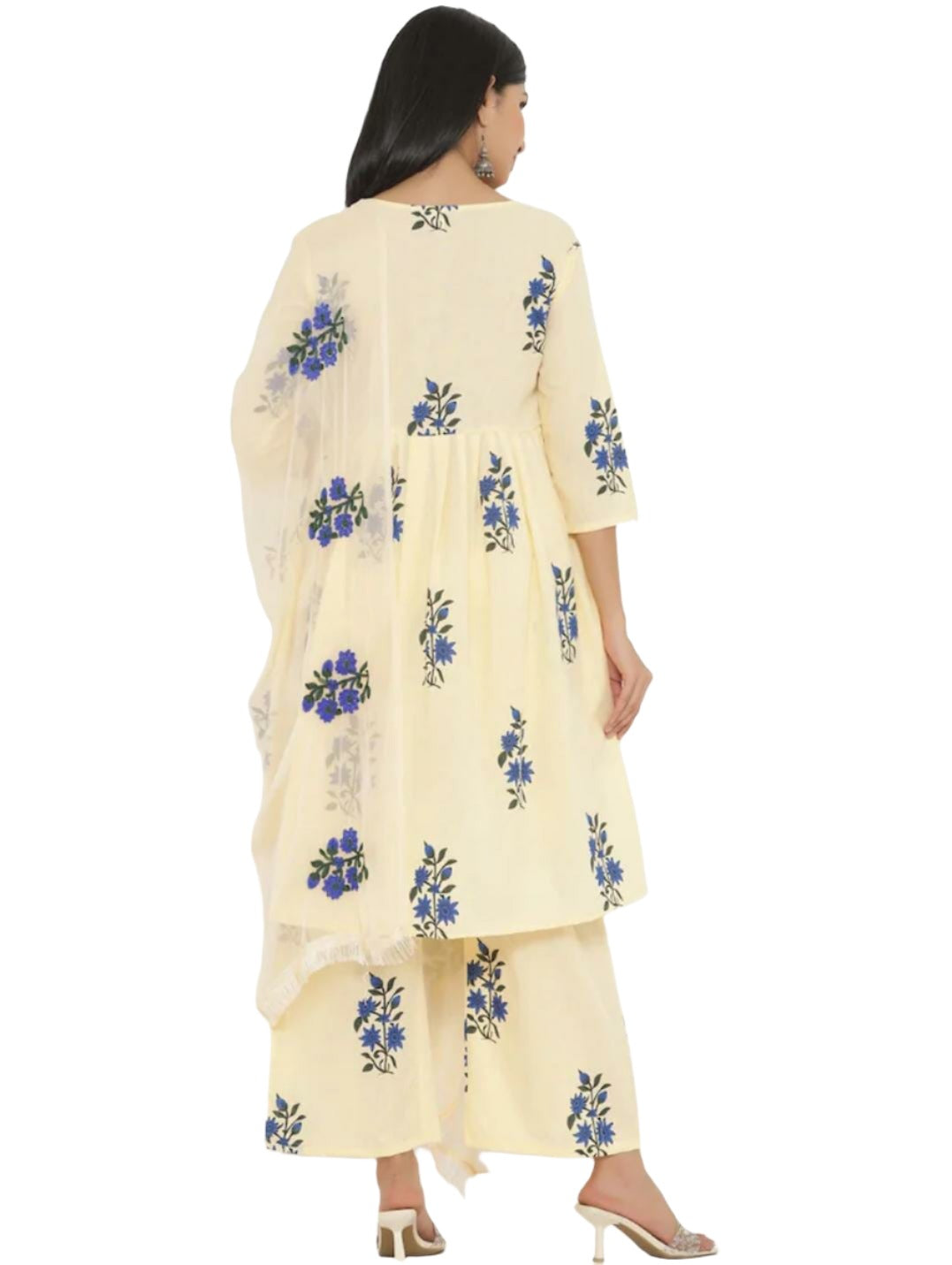 Women Beige Floral Printed Pure Cotton Kurti with Trousers & With Dupatta