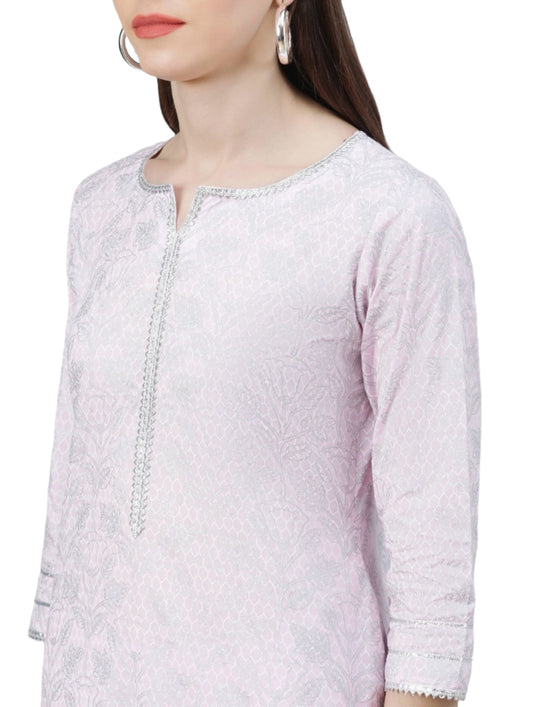 Women Pink Printed Kurta with Palazzos & Dupatta embroidery and fabric detail - Neha Couture Indian Fashion