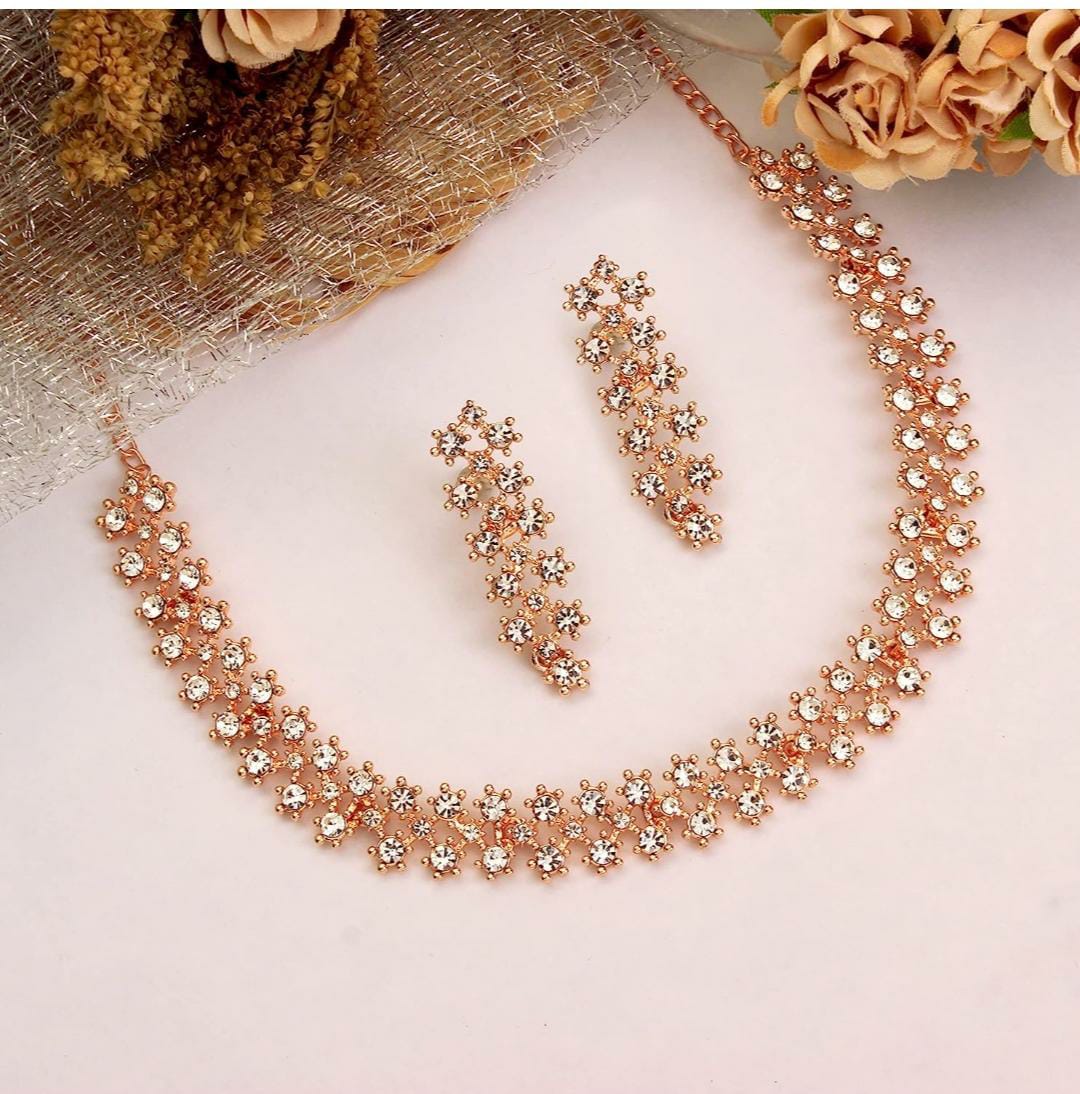 Rose Gold Crystal AD Diamond Necklace Jewellery Set with Earrings for Women and Girls Suits Best Party, Wedding and Occasional Wear