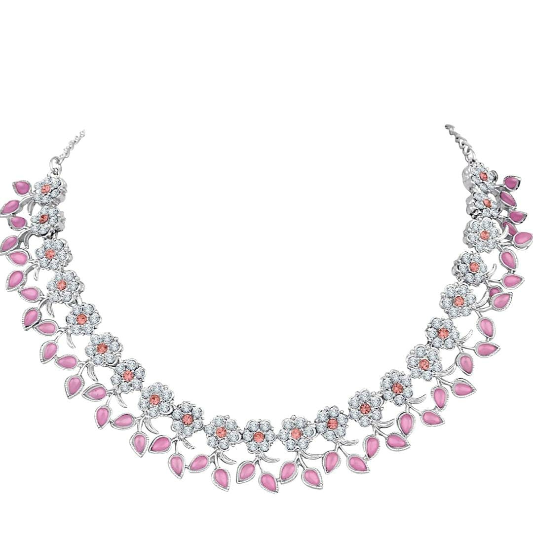 Pink Kundan Silver Plated Crystal AD Diamond Necklace Jewellery Set with Earrings for Women and Girls Suits Best Party, Wedding and Occasional Wear