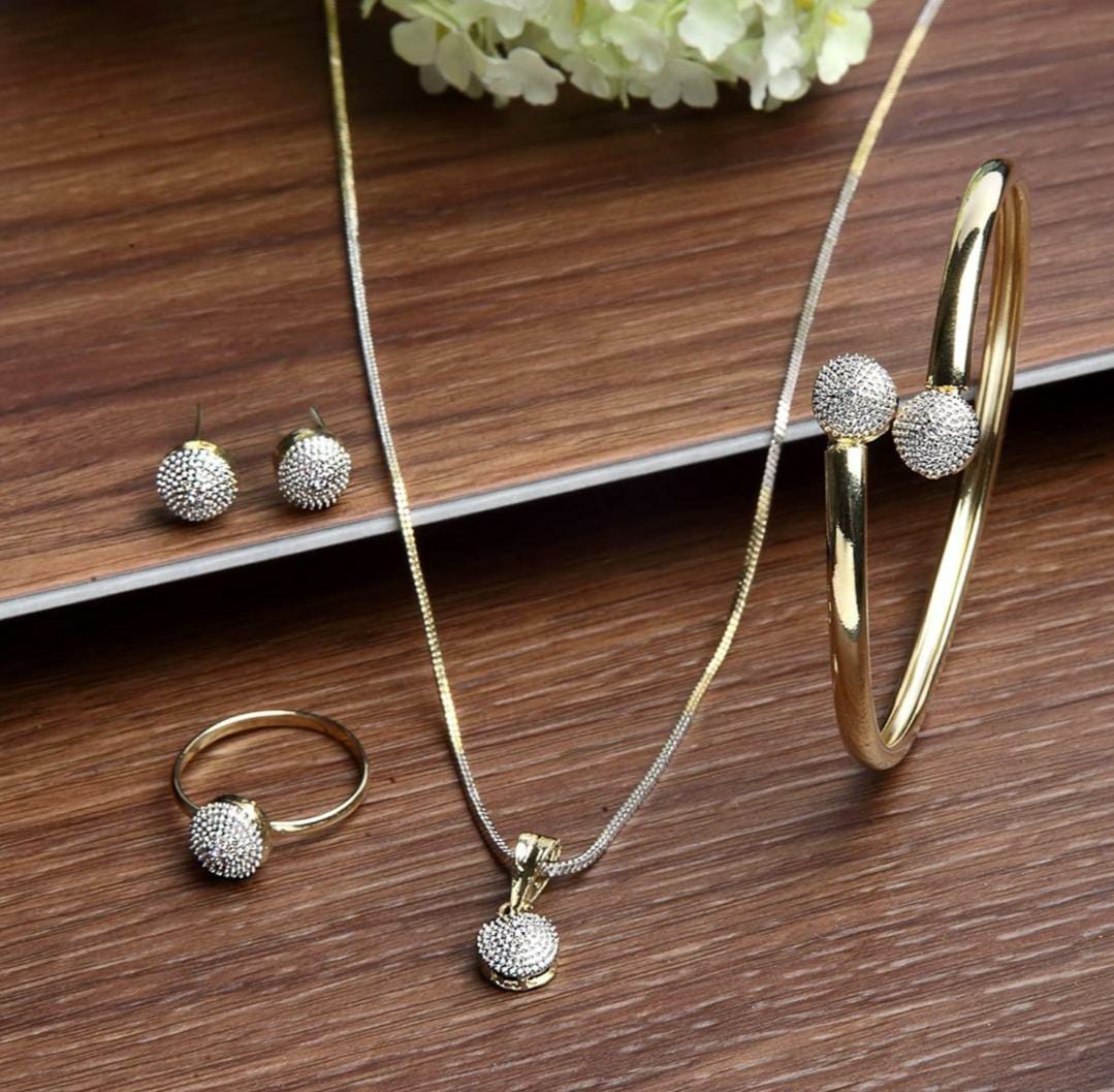 Jewellery Set Gold Plated American Diamond Traditional Stylish Pendant Set, Ring, Bracelet with Earring Jewellery for Women & Girls