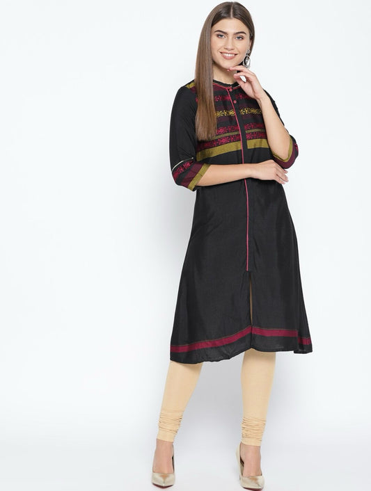 Women Black & Pink Yoke Design A-Line Kurta embroidery and fabric detail - Neha Couture Indian Fashion