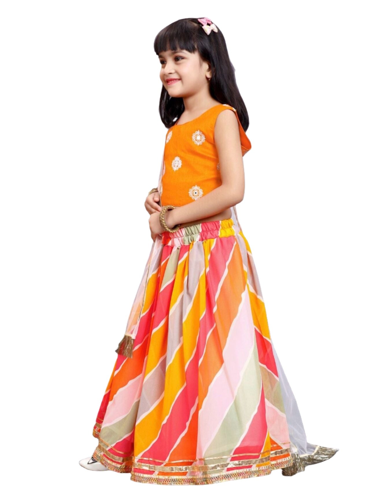 Lehenga & Blouse With Dupatta for Girls Orange & Pink Embroidered Ready to Wear
