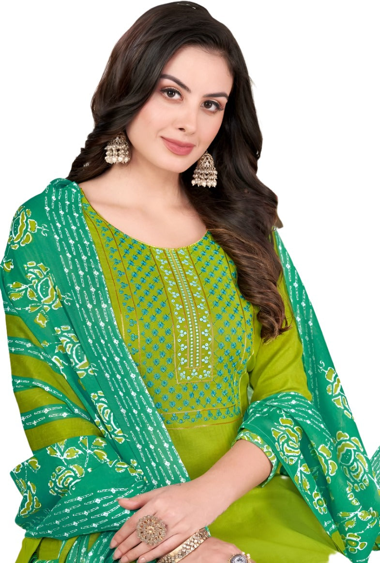 Women  Printed Thread Work Pure Cotton Kurta with Patiala & With Dupatta