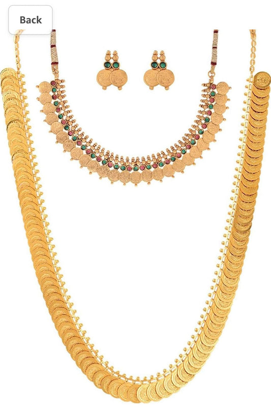 Jewellery Set Gold Plated Traditional Temple Coin Maharani Necklace Set & Red Green Temple Coin Necklace Set With Earring Jewellery For Women and Girls