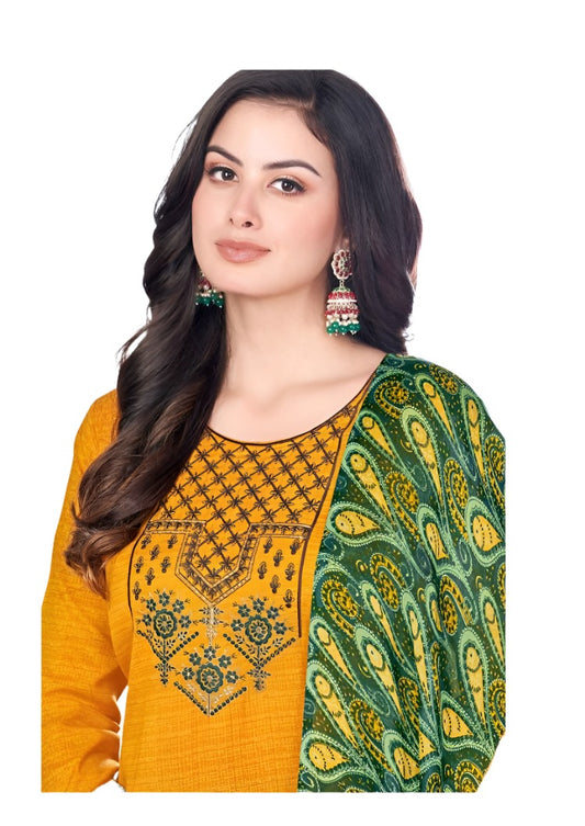 Women Printed Thread Work Pure Cotton Kurta with Patiala & With Dupatta embroidery and fabric detail - Neha Couture Indian Fashion