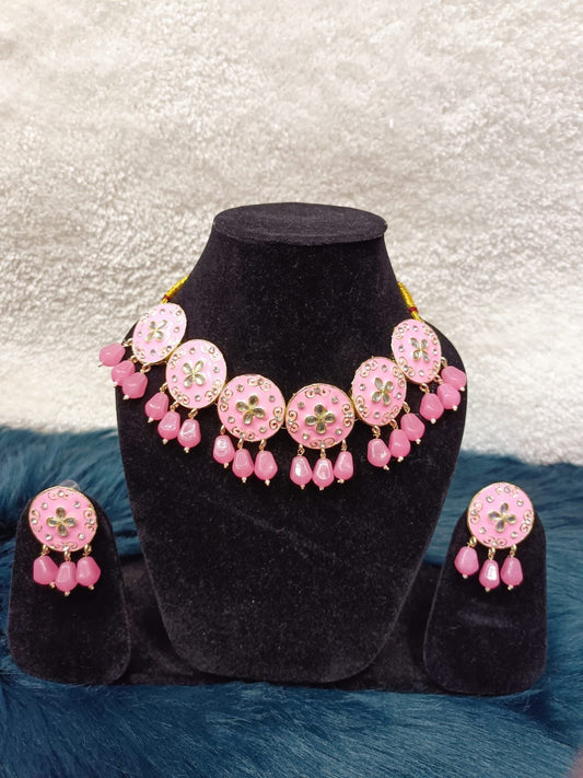Gold-Plated Kundan Meenakari Enamelled Choker Necklace Jewellery Set